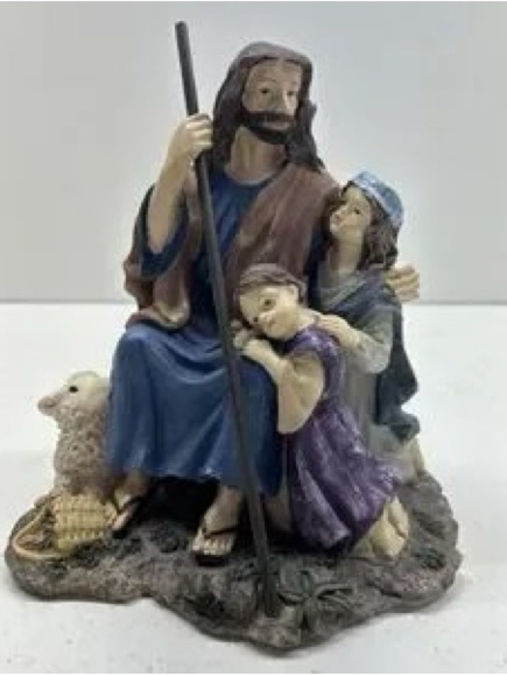 Hand-Painted Religious Family Figurine in Blue, Purple and Brown